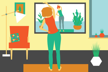 girl doing fitness at home in online classes. The girl meditates. Girl Watching fitness Classes Online On TV. On-line translation. Modern flat design concept of fitness. Bright vector illustration.