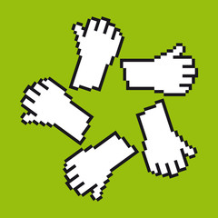 Vector pixel cursor hand icon in a circle forming a star. Green background