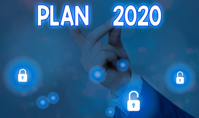 Conceptual hand writing showing Plan 2020. Concept meaning detailed proposal doing achieving...