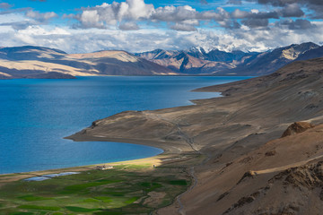 Tsomoriri lake in summer season in cloudy day, Leh Ladakh, north India