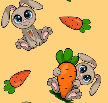 Vector seamless print pattern of rabbits and carrots .