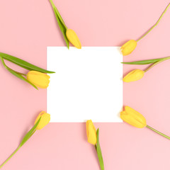 Wreath made of yellow flowers on a pink pastel background. Square paper card mockup. Holiday concept.