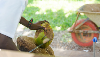 African man cutting a ripe coconut with big knife