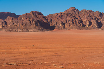 Wadi Rum desert, most famous desert of red sand and sandstone in Jordan, Arab