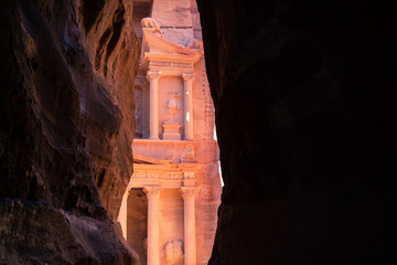 The Treasury (Al Khazneh) from the Siq in Petra ancient and ruin city of Nabatean kingdom in Jordan, Arab