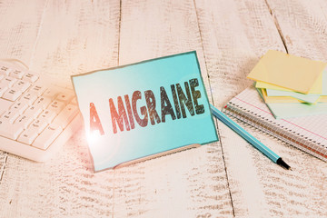 Word writing text A Migraine. Business photo showcasing recurrent throbbing headache that affects...