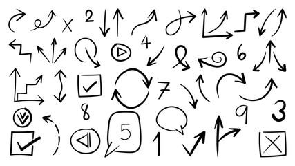 Hand drawn arrow vector icons set. sketch arrow design for business plan and education.