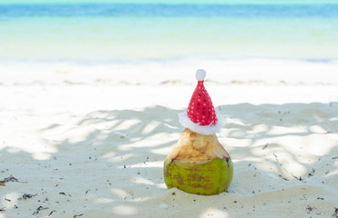 Coconut in Santa's hat near the ocean, the concept of tropical Christmas and New year on the beach