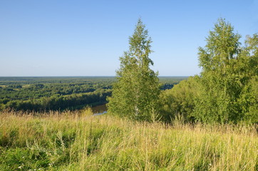 Fototapeta na wymiar Summer view from Lysaya mountain on the Klyazma river. Gorokhovets, Vladimir region, Russia