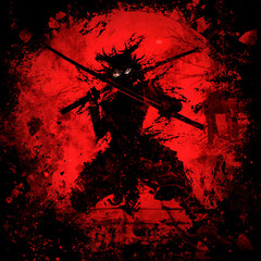 A black silhouette of a samurai in full gear, in a low stance with two swords at the ready, against a black and red, bloody background, his eyes glowing . Drawn in smears and blotches . 2D 