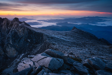Kinabalu mountain view from top of Low's peak, highest peak in Kinabalu massif in Borneo island,...