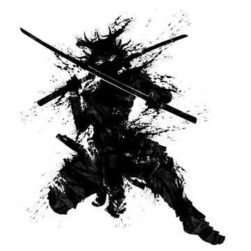 A black silhouette of a samurai in full gear, in a low stance with two swords at the ready, his eyes glowing . Drawn in smears and blotches . 2D illustration