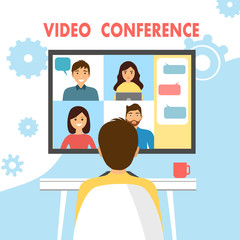 A man working with his colleagues on the internet. Video conference and online meeting workspace concept vector illustration. Work from home idea. People on computer screen talking with their team.