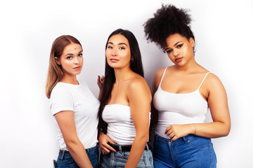 diverse multi nation girls group, teenage friends company cheerful having fun, happy smiling, cute posing isolated on white background, lifestyle people concept, african-american, asian and caucasian