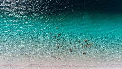 Fraser Island, Queensland / Australia: March 2020: Tourists flock to Lake Mackenzie year round to enjoy the cool freshwater lake