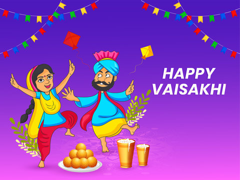 illustration of Happy Vaisakhi Punjabi festival celebration background with punjabi couble and realistic elements.