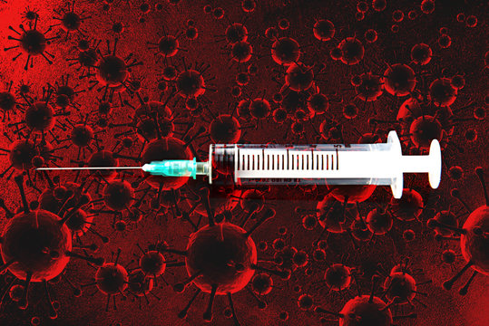 Medicine plastic vaccination equipment with needle on virus images background. vaccination helps strengthen immunity and maintain health. 3D rendering.