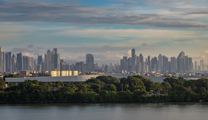 Fototapeta na wymiar Panama City Pano. View from a cruise ship of the Panama City, also simply known as Panama, is the capital and largest city of Panama.