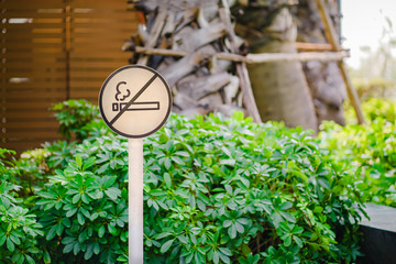 outdoor no smoking sign with blurred green plant background