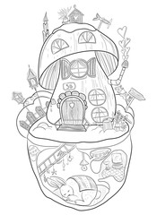 Cute cartoon hare sleeping in a hole under a mushroom. Black and white illustration for coloring book. Fantasy lovely winter bunny. Baby's coloring page