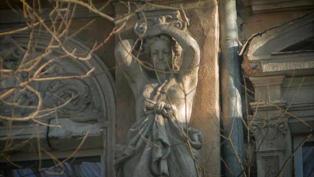 Statue of Caryatid. Architectural sculpture. Odessa, Ukraine. Time lapse