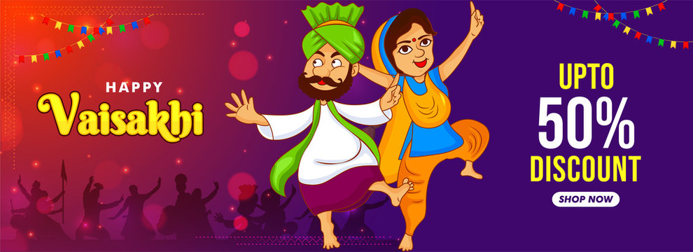 Banner, web header illustration of punjabi couple dancing on celebration of vaisakhi festival of india. Shop now upto 50% discount online sale.
