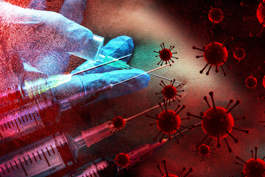 Medicine plastic vaccination equipment with needle on virus images background. vaccination helps strengthen immunity and maintain health. 3D rendering.