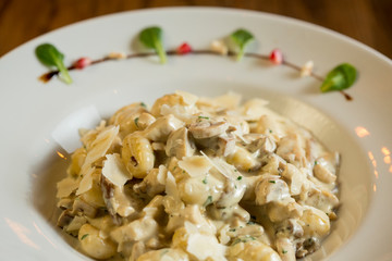 Gnocchi with turkey meat and porcini mushrooms in a cream sauce