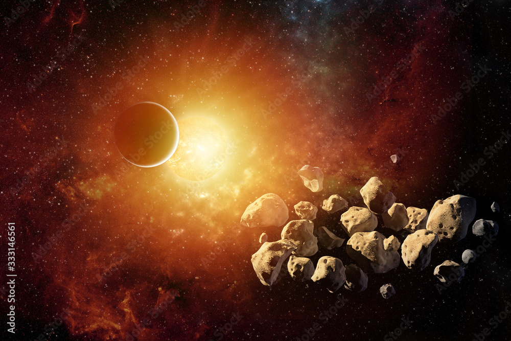 Wall mural planets round the sun in the solar system with asteroids in the colorful starry universe elements of