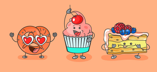 Cupcake, pretzel, piece of cake. Vector flat cartoon color illustration.