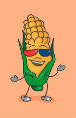 Ripe cob of corn half-open leaves with 3D color glasses for cinema.