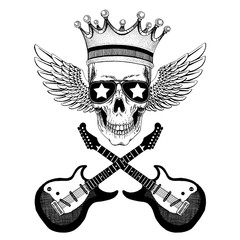 Vector skull with wings in crown with guitars. Logo for shirt, musical poster