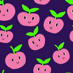 Seamless pattern with cartoon smile of apples. Fruit colorful design for children or kitchen textiles, fabric, paper. Cute Doodle. Vector illustration on a purple background