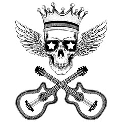 Vector skull with wings in crown with guitars. Logo for shirt, musical poster