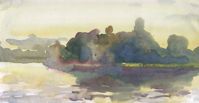 river and island in summer watercolor