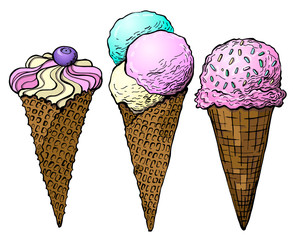 Hand drawn ice cream cone isolated on white background. Vector sketch illustration. Template for greeting card, postcard, print, fashion design, menu.