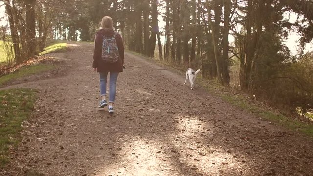 Young woman is walking along a road in a park with her dog. Walk with a dog during karatentin. Happy family weekend. Back view
