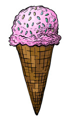 Hand drawn ice cream cone isolated on white background. Vector sketch illustration. Template for greeting card, postcard, print, fashion design, menu.