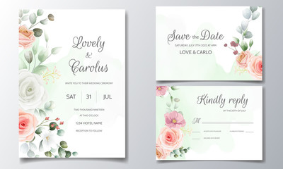 Fototapeta na wymiar Wedding invitation card set template with beautiful colorful floral and leaves