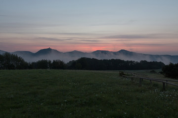 Fototapeta na wymiar Unique view of seven mountains in the Rhineland at sunrise