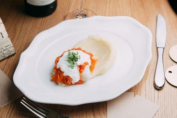 Mashed potatoes with cutlet. Restaurant serving mashed potatoes with sauce.