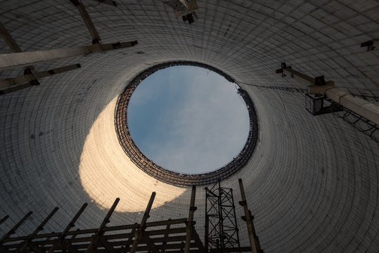 Cooling tower at abandoned construction site of blocks 5 and 6 of the Chernobyl nuclear power plant