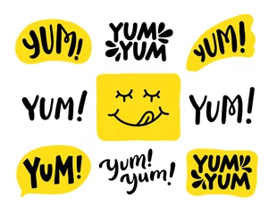 Poster Yum Yum words set. Printable graphic tee. Design doodle for print. Vector illustration. Colorful. Cartoon hand drawn calligraphy style. Yellow Black and white © barrirret