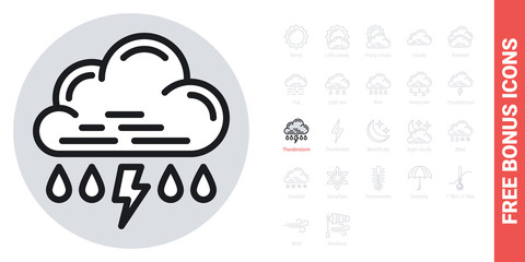 Rain with thunder or thunderstorm icon for weather forecast application or widget. Cloud with raindrops and lightning bolt. Simple black and white version. Free bonus icons kit included