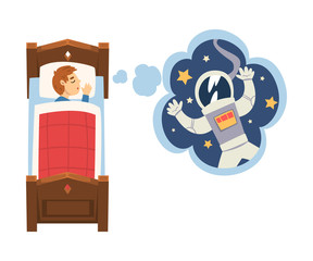 Cute Boy Sleeping in Bed and Dreaming About Astronaut in Flying in Outer Space, Kid Lying in Bed Having Sweet Dreams Vector Illustration
