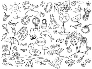 Set of summer doodles isolated on white. Travel and vacation emblems and symbols. Vector illustration. Perfect for greeting card, postcard, print, coloring book.