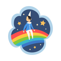 Kid Dreams, Sweet Dream Cloud with Cute Boy Sitting on Rainbow, Childhood Fantasy Vector Illustration - obrazy, fototapety, plakaty