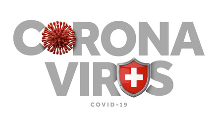 Fototapeta na wymiar Switzerland coronavirus concept with microbe and shield. 3D Render