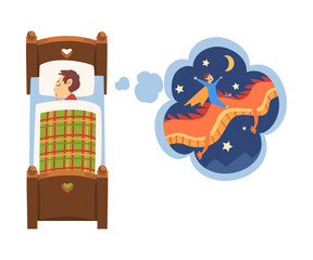 Cute Boy Sleeping in Bed and Dreaming About Superhero Boy Flying on Dragon in the Sky, Kid Lying in Bed Having Sweet Dreams Vector Illustration