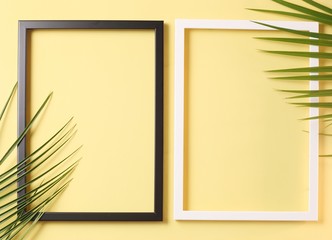 Summer concept - Two photo frame and palm leaves on pastel yellow background